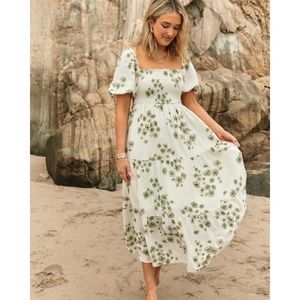 Abercrombie Smocked Bodice Linen-Blend Midi Dress White with Green Floral XXL